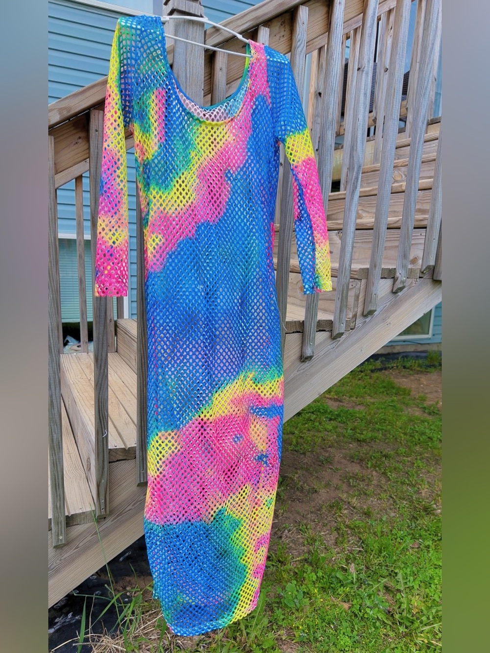 Neon Rainbow Crochet Fishnet Maxi Cover Up Beach Dress Festival Boho